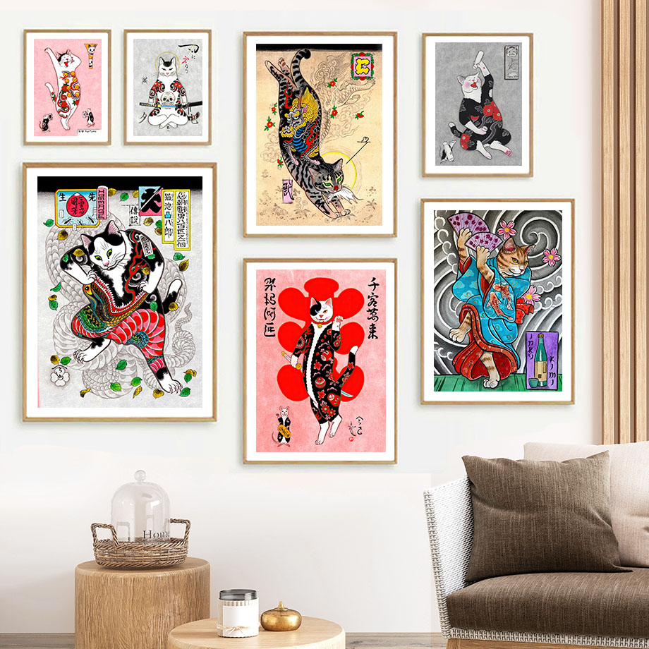 Japanese Lifestyle And Traditions - Japanese Samurai Cat Wall Art Ukiyo-e